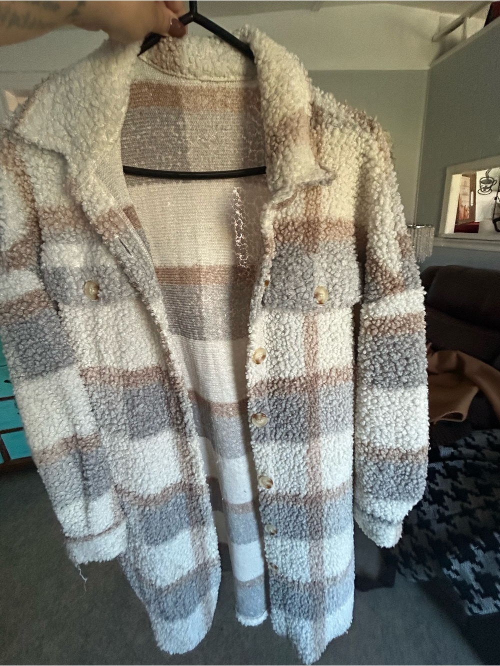SHEIN Cream, Taupe & Gray Plaid Teddy Jacket